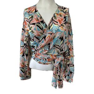 TIMING Hawaiian Tropical Multi-color Long Sleeve Resort Wear Wrap Blouse S